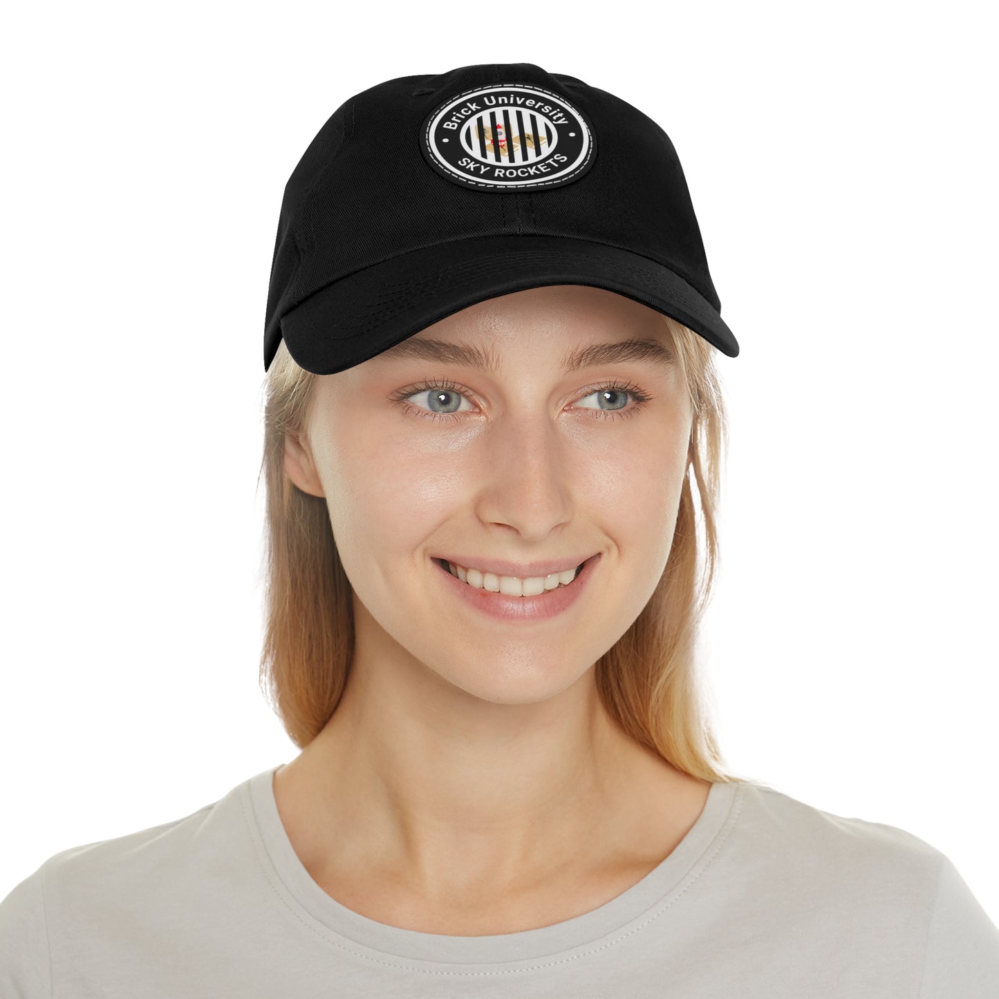Brick University (Black Design Behind Bars) - Hat with Leather Patch (Round)