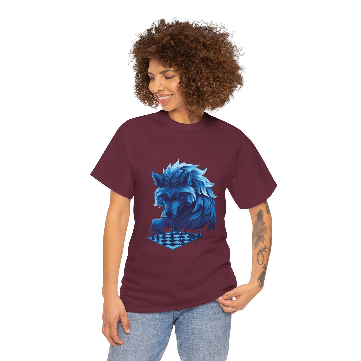 Wolf Playing Chess (Blue Team) - Unisex Heavy Cotton Tee