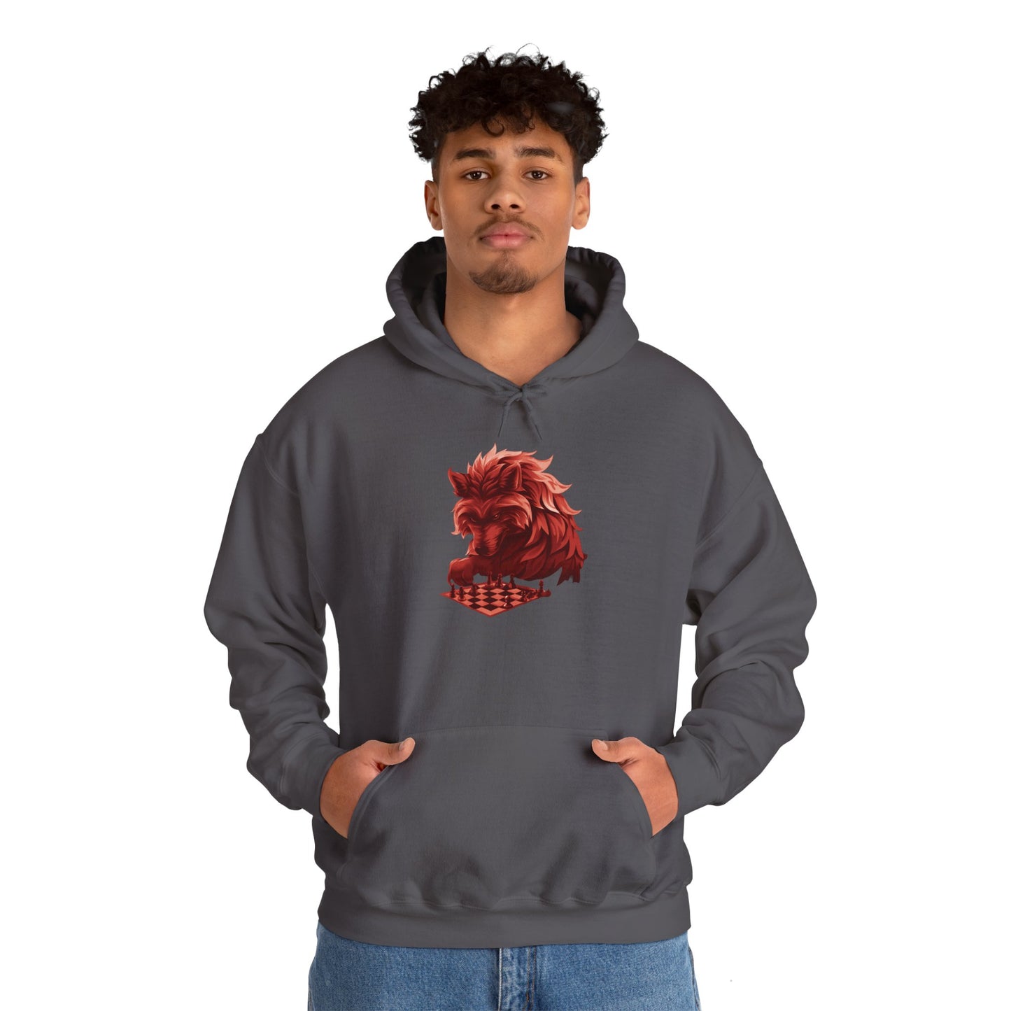 Wolf Playing Chess (Red Team) - Unisex Heavy Blend™ Hooded Sweatshirt
