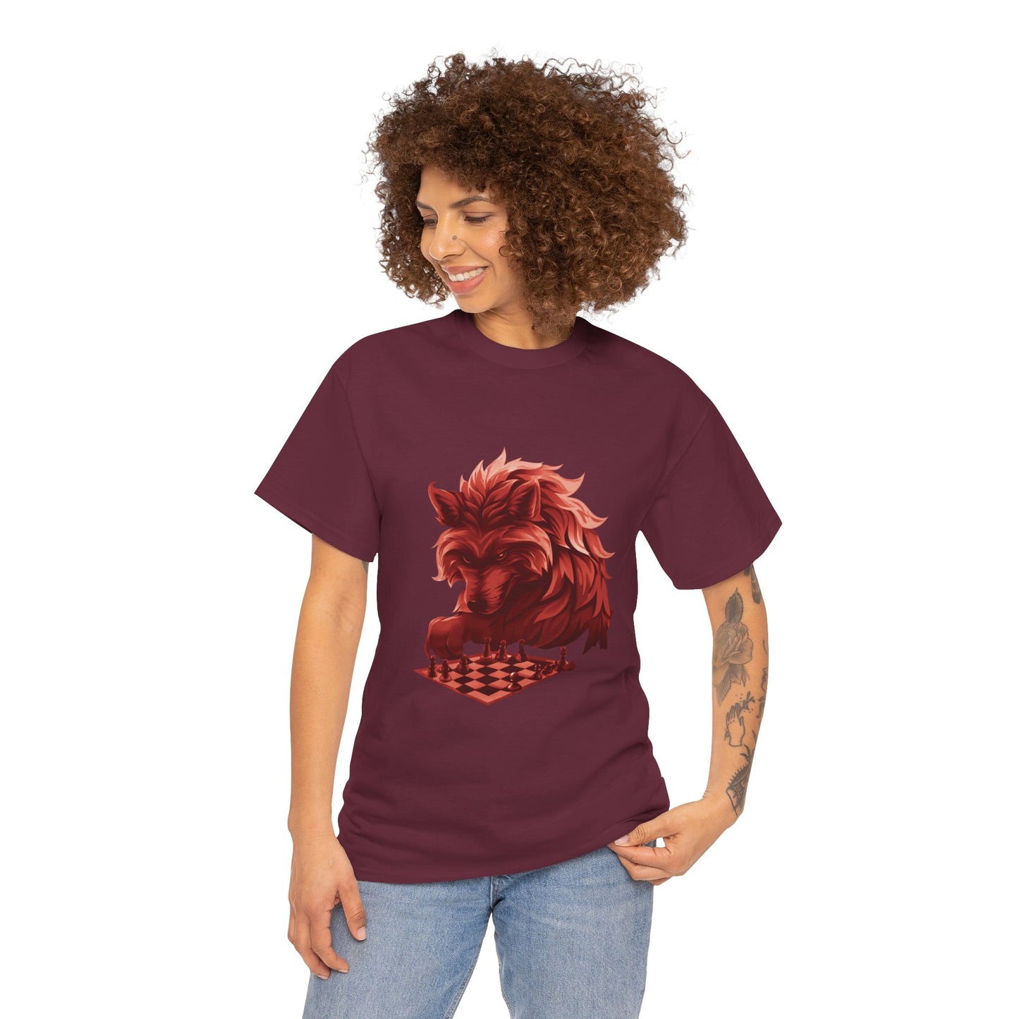 Wolf Playing Chess (Red Team) - Unisex Heavy Cotton Tee