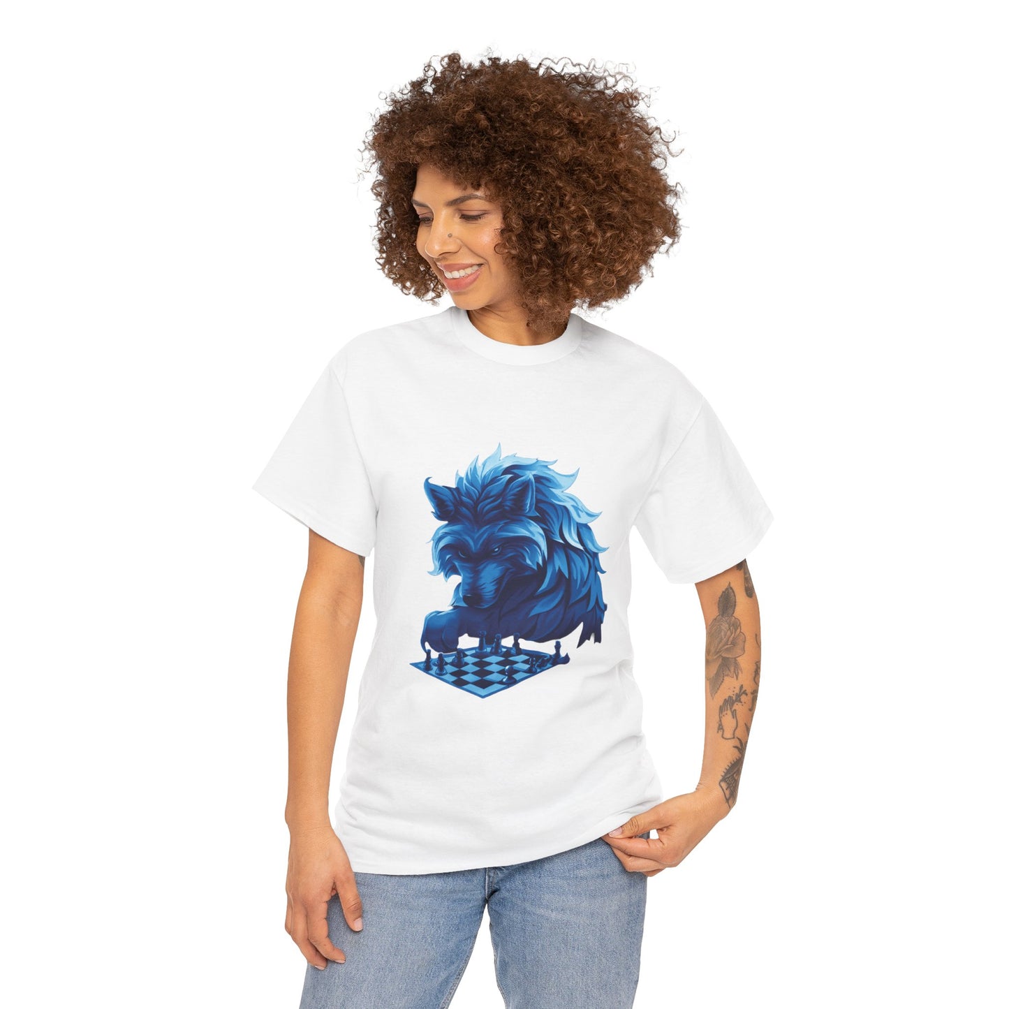 Wolf Playing Chess (Blue Team) - Unisex Heavy Cotton Tee