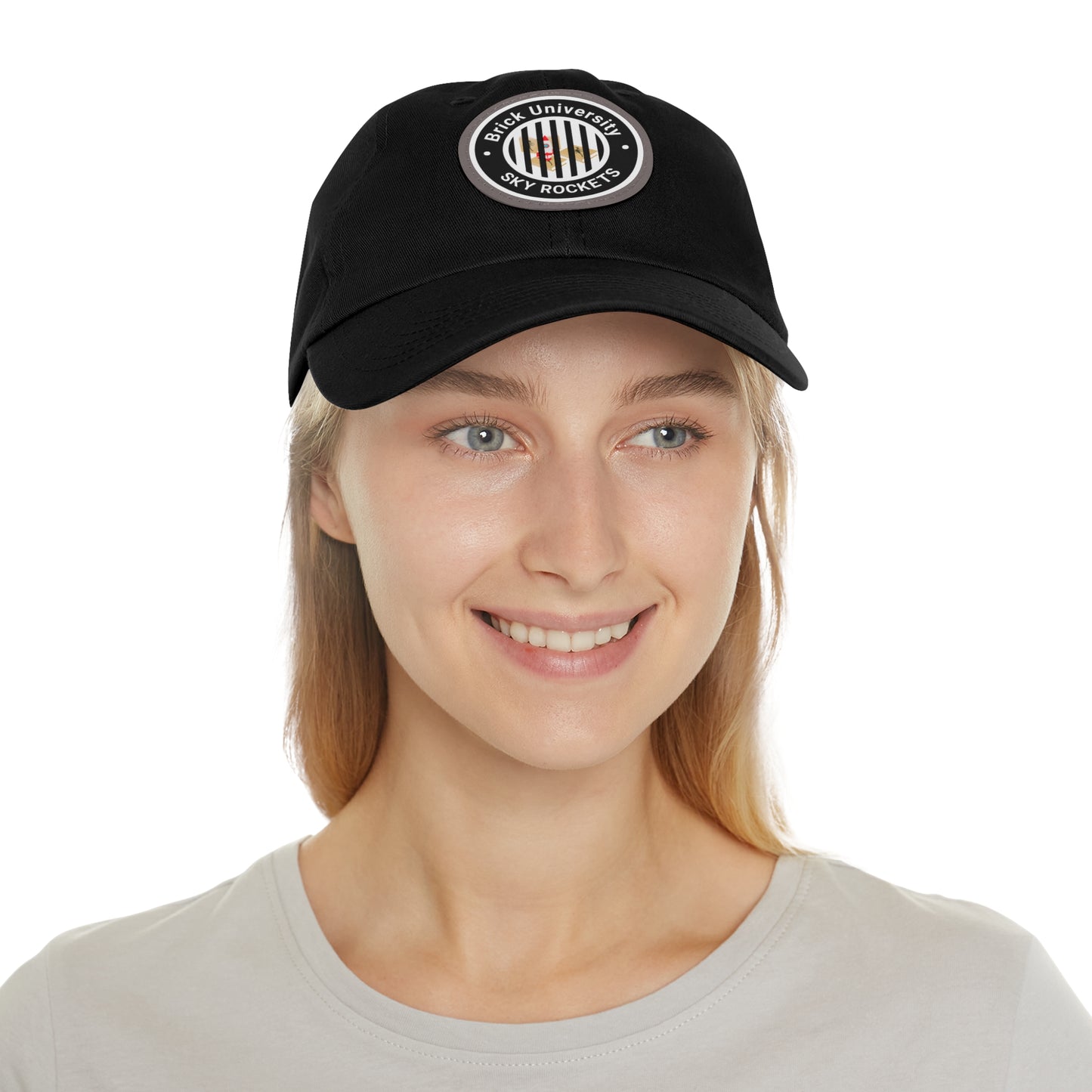 Brick University (Black Design Behind Bars) - Hat with Leather Patch (Round)