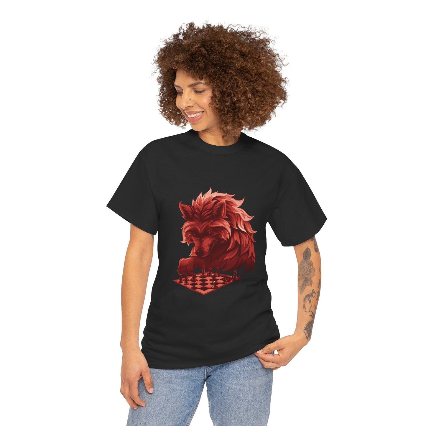 Wolf Playing Chess (Red Team) - Unisex Heavy Cotton Tee