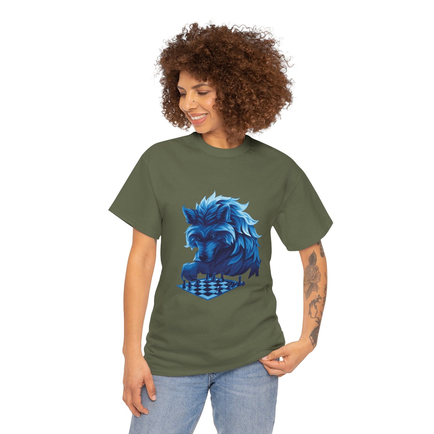 Wolf Playing Chess (Blue Team) - Unisex Heavy Cotton Tee