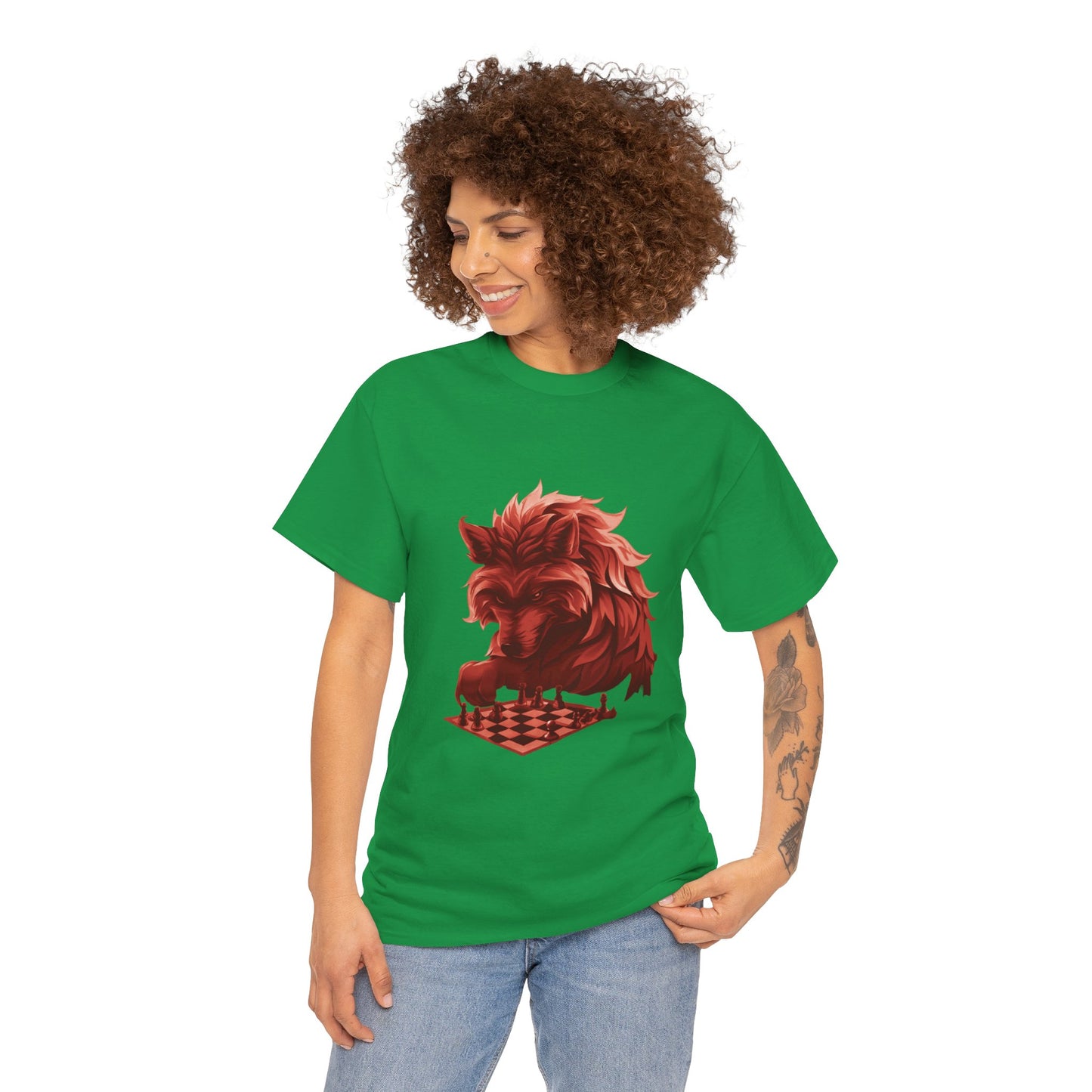 Wolf Playing Chess (Red Team) - Unisex Heavy Cotton Tee