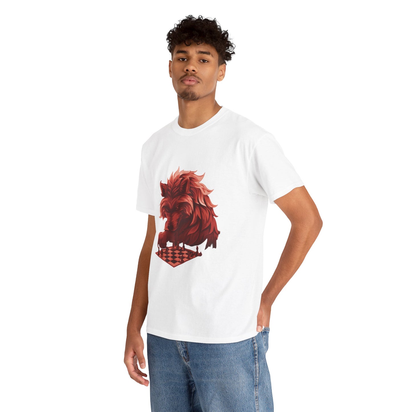 Wolf Playing Chess (Red Team) - Unisex Heavy Cotton Tee