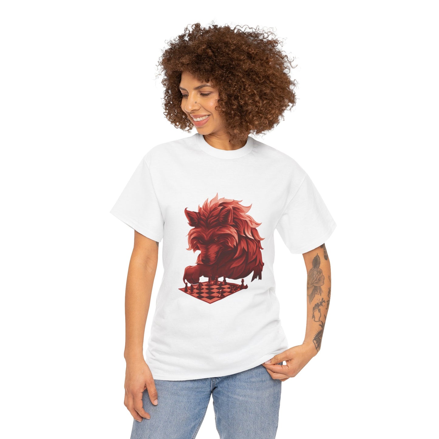 Wolf Playing Chess (Red Team) - Unisex Heavy Cotton Tee