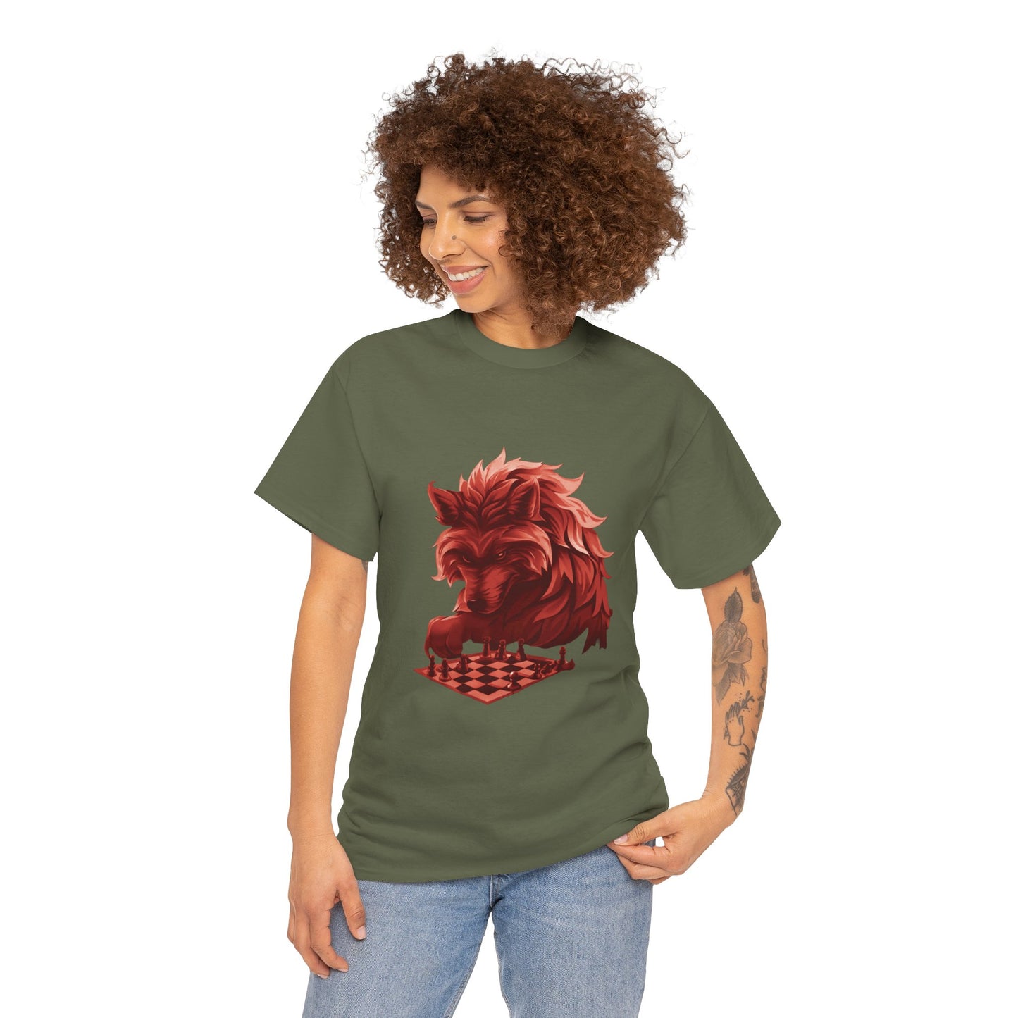 Wolf Playing Chess (Red Team) - Unisex Heavy Cotton Tee