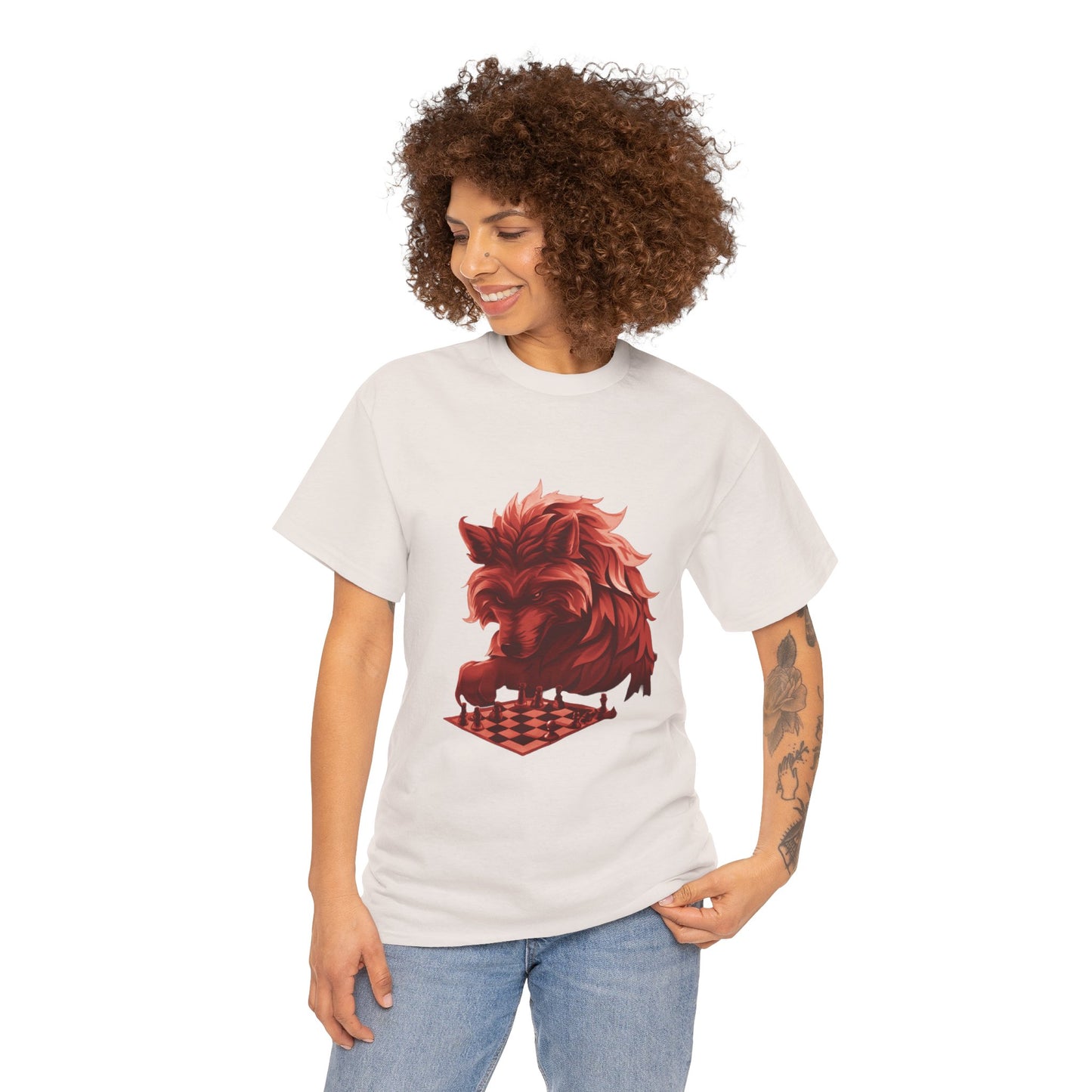 Wolf Playing Chess (Red Team) - Unisex Heavy Cotton Tee