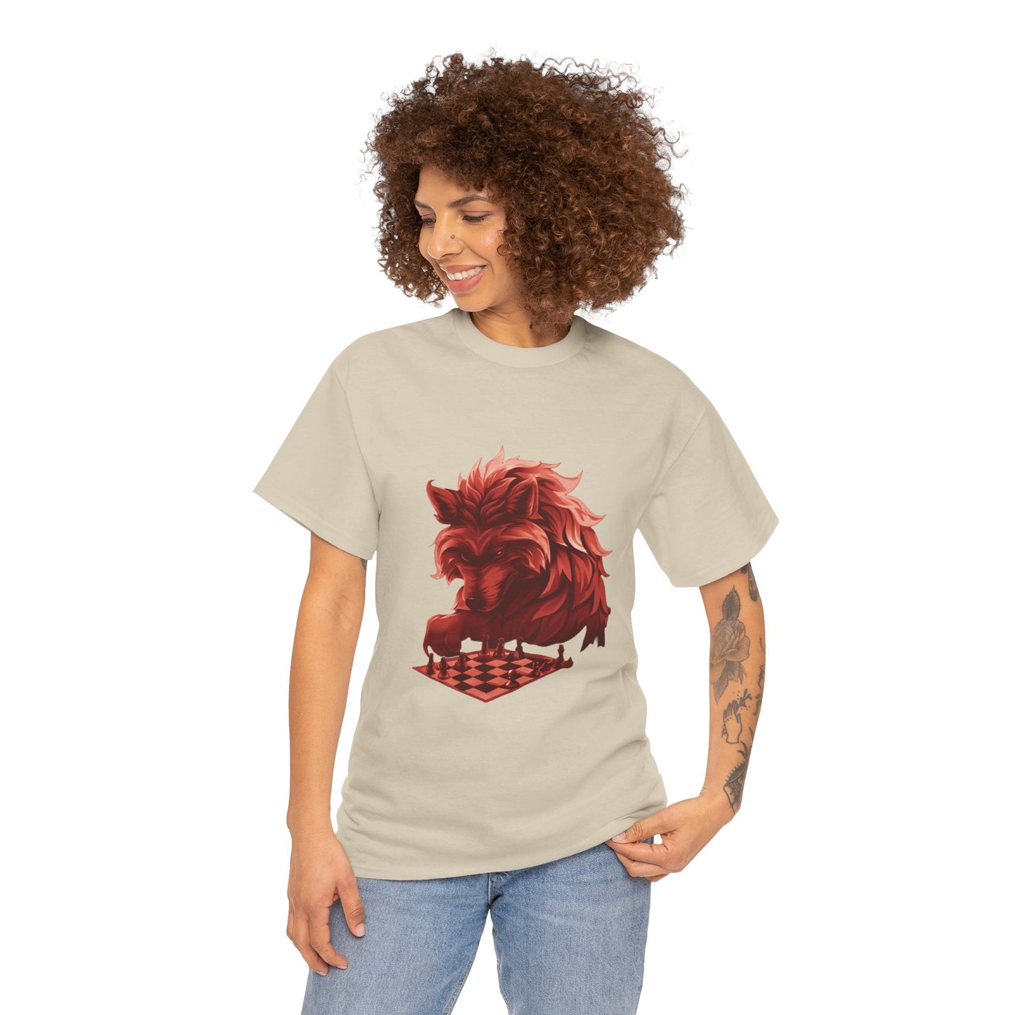 Wolf Playing Chess (Red Team) - Unisex Heavy Cotton Tee