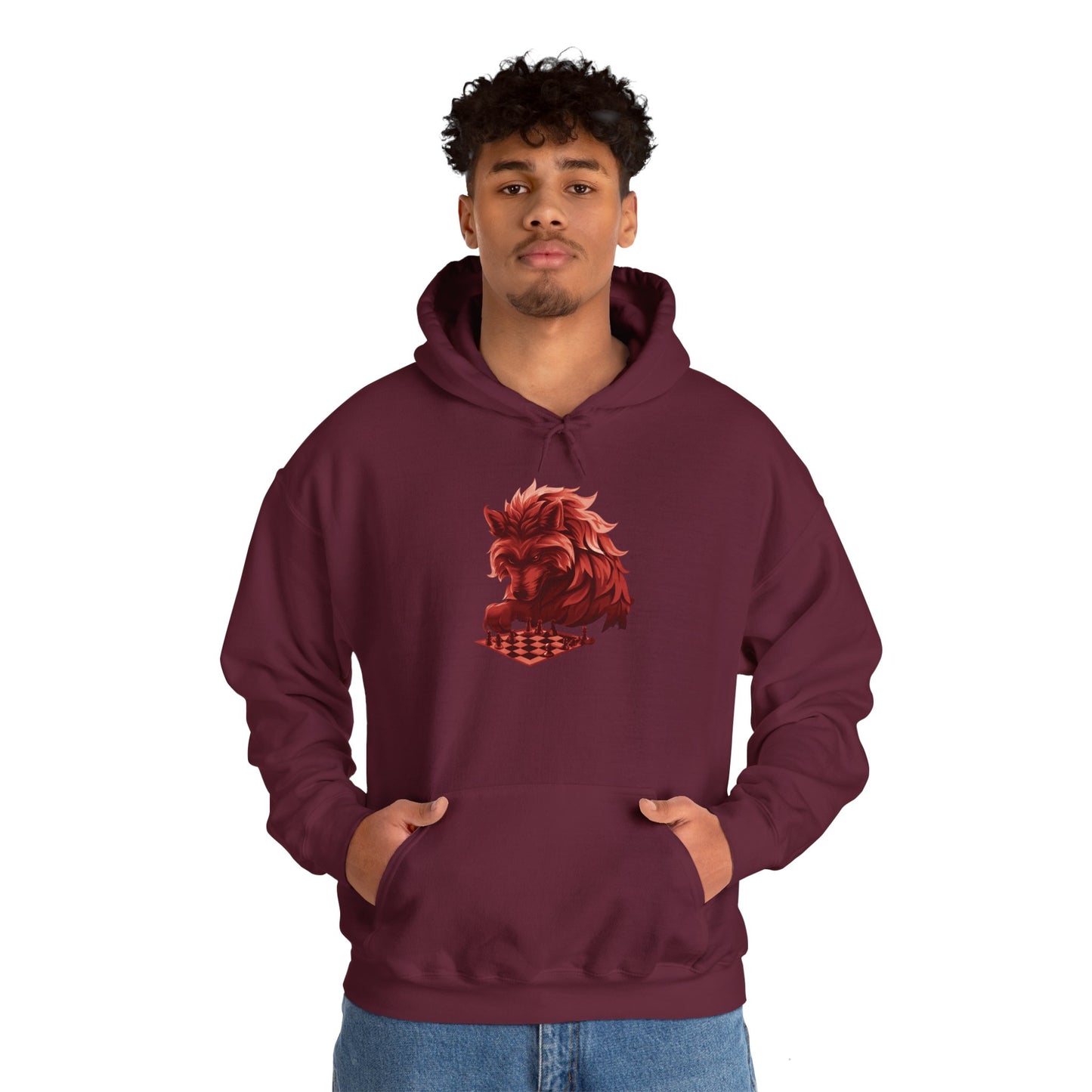 Wolf Playing Chess (Red Team) - Unisex Heavy Blend™ Hooded Sweatshirt