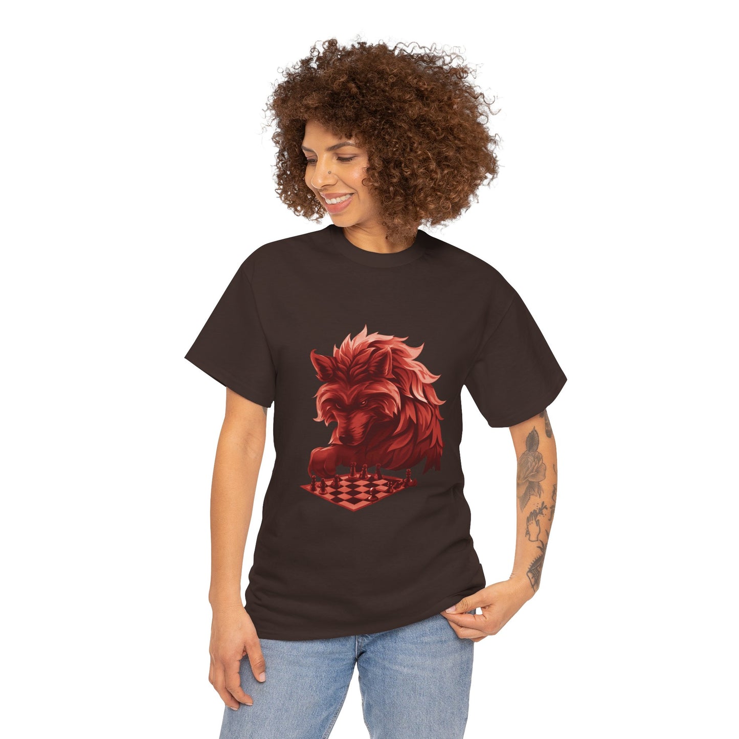 Wolf Playing Chess (Red Team) - Unisex Heavy Cotton Tee