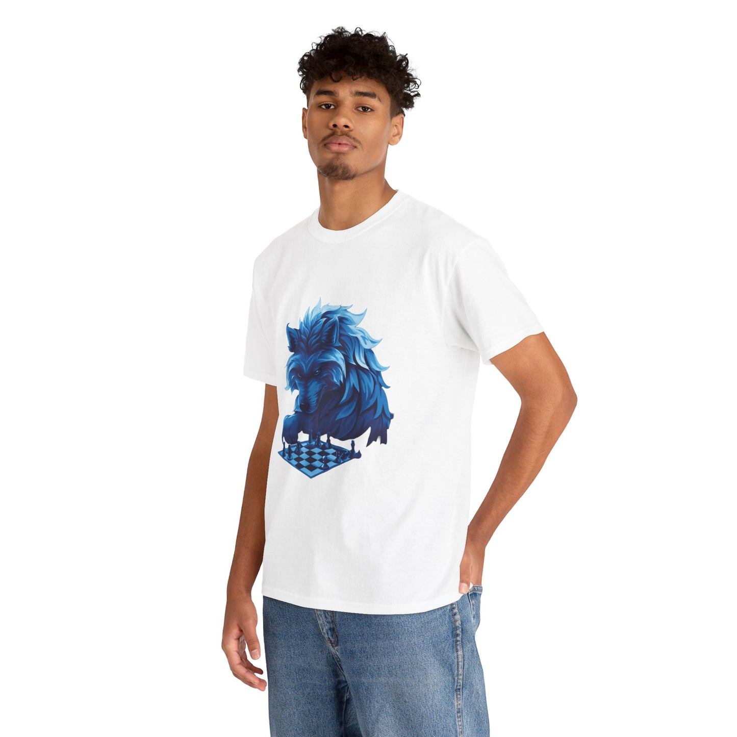Wolf Playing Chess (Blue Team) - Unisex Heavy Cotton Tee