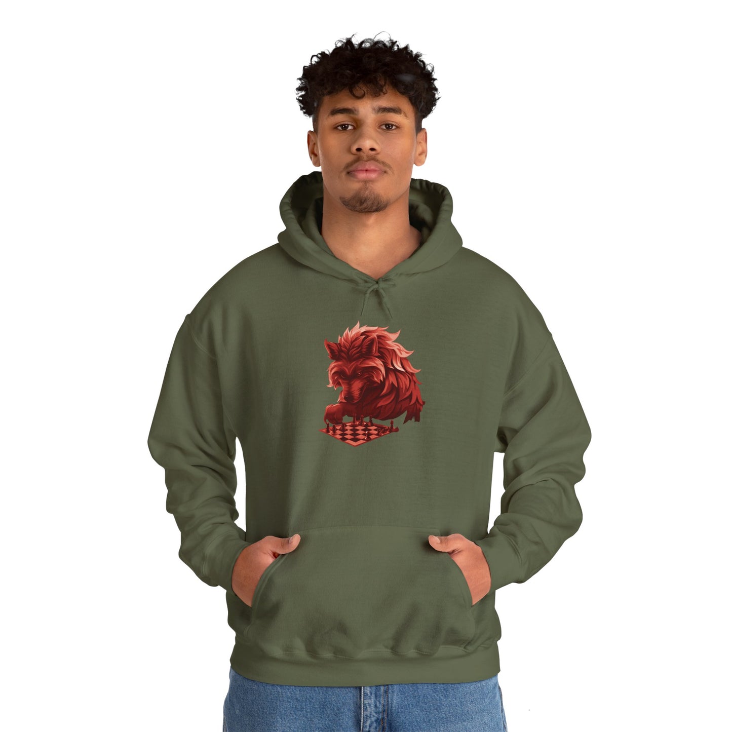 Wolf Playing Chess (Red Team) - Unisex Heavy Blend™ Hooded Sweatshirt