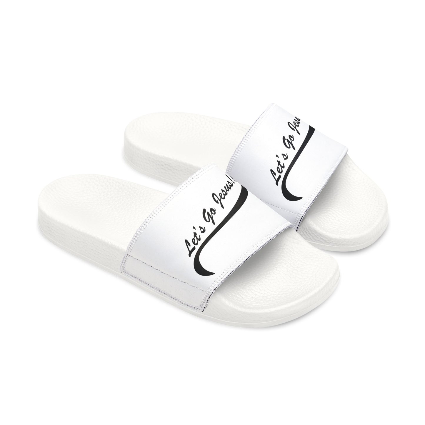 Let's Go Jesus - Slide Sandals — White Removable‑Strap Slides with ‘Let’s Go Journey’ Script