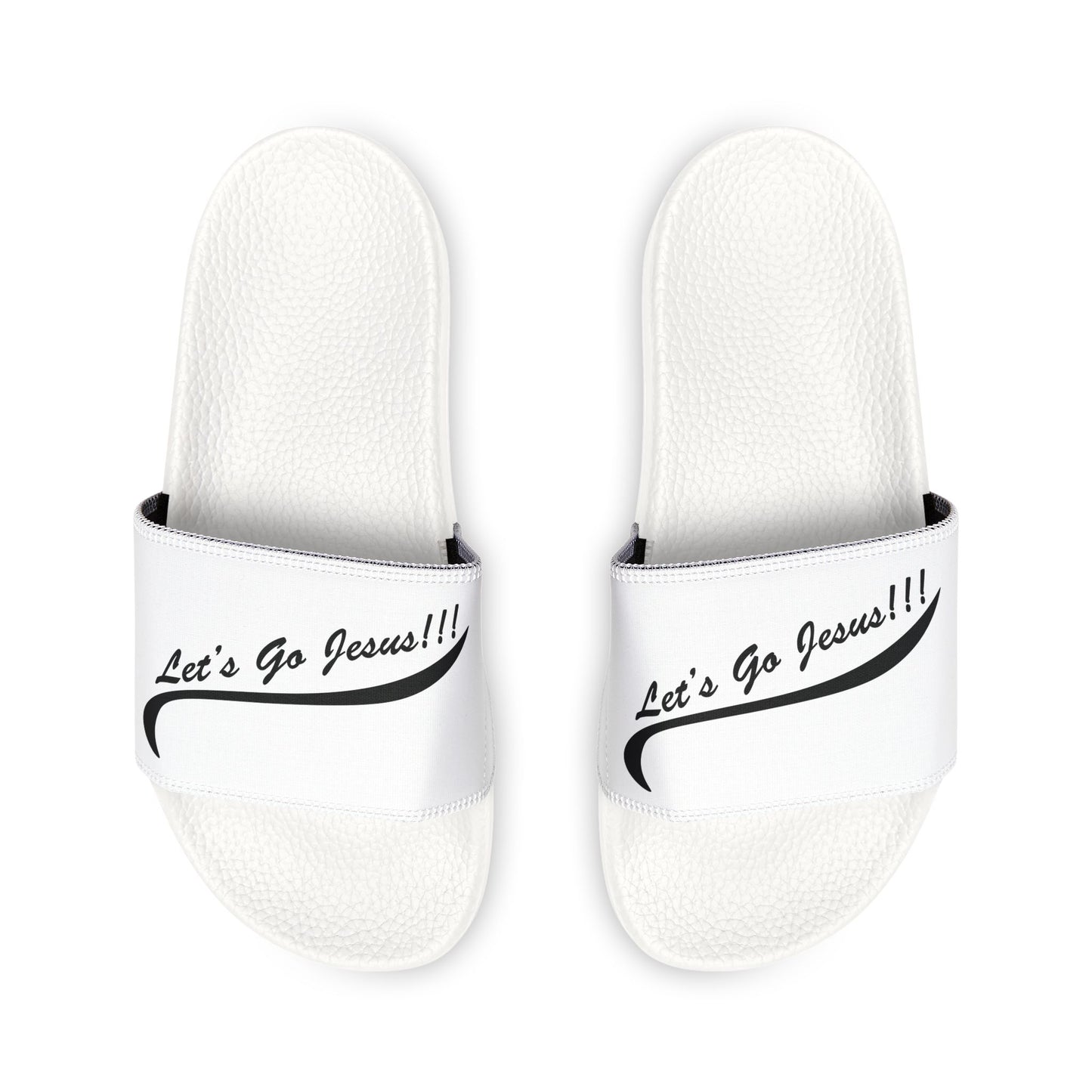 Let's Go Jesus - Slide Sandals — White Removable‑Strap Slides with ‘Let’s Go Journey’ Script