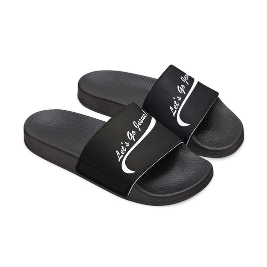 Let's Go Jesus - Slide Sandals — White Removable‑Strap Slides with ‘Let’s Go Journey’ Script