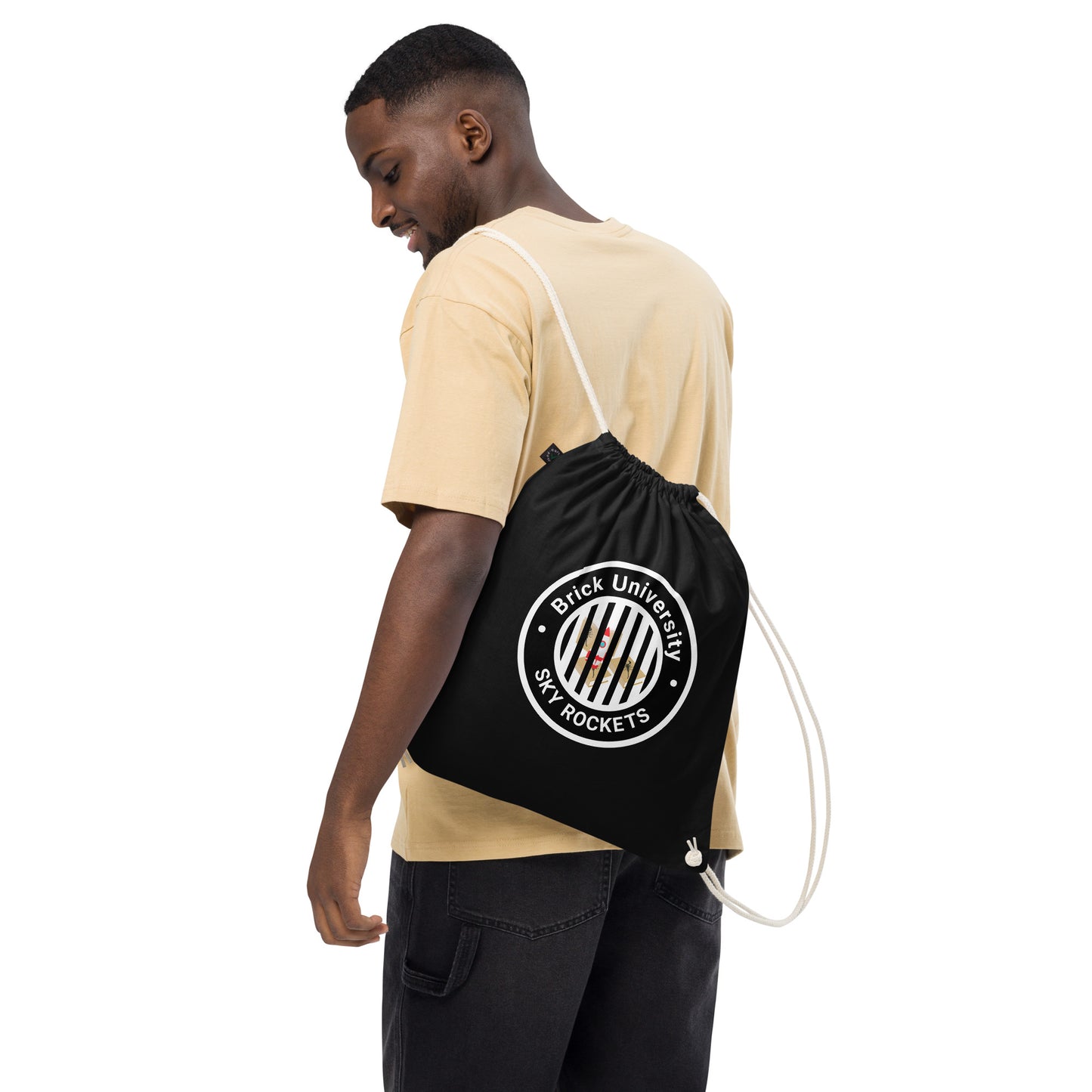 Brick University (Black Design Behind Bars) - Organic cotton drawstring bag